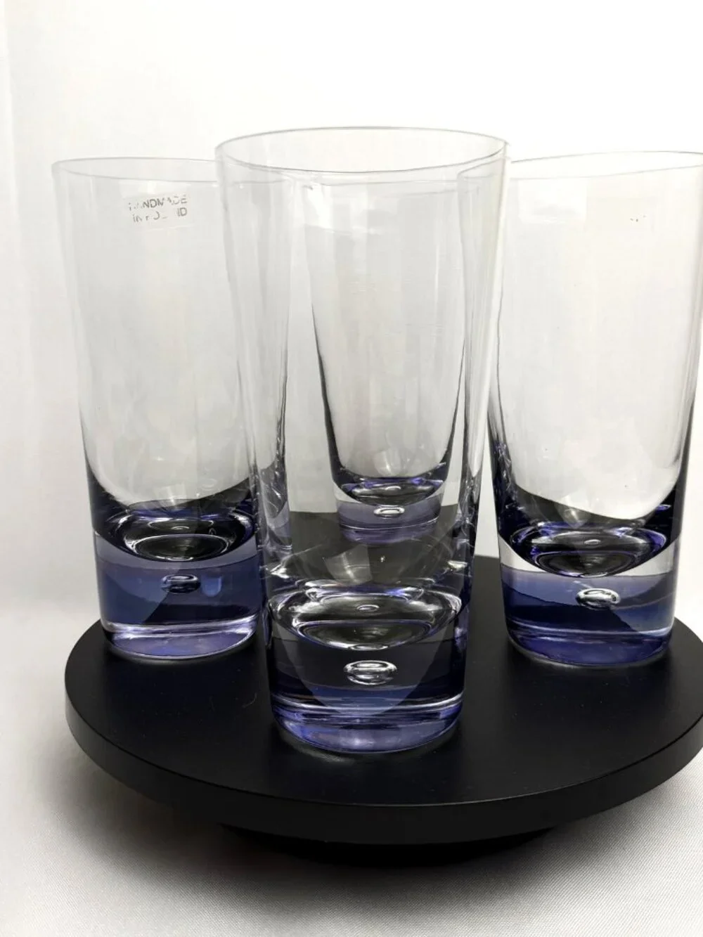 Handmade Polish Vintage Glass Tumblers 12 oz Blue/Purple Bubble Base Set of 4